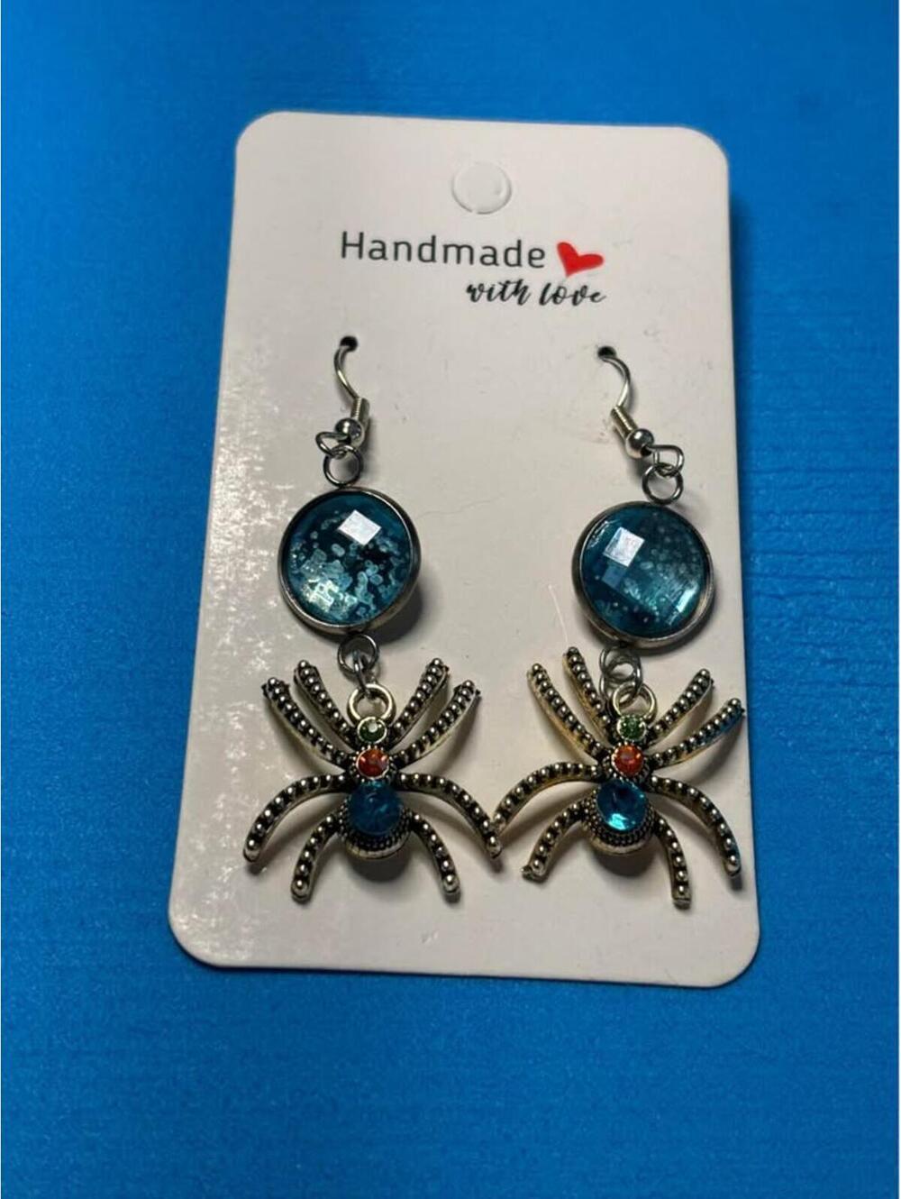 Handmade Spider Dangle Earrings with Blue Stones